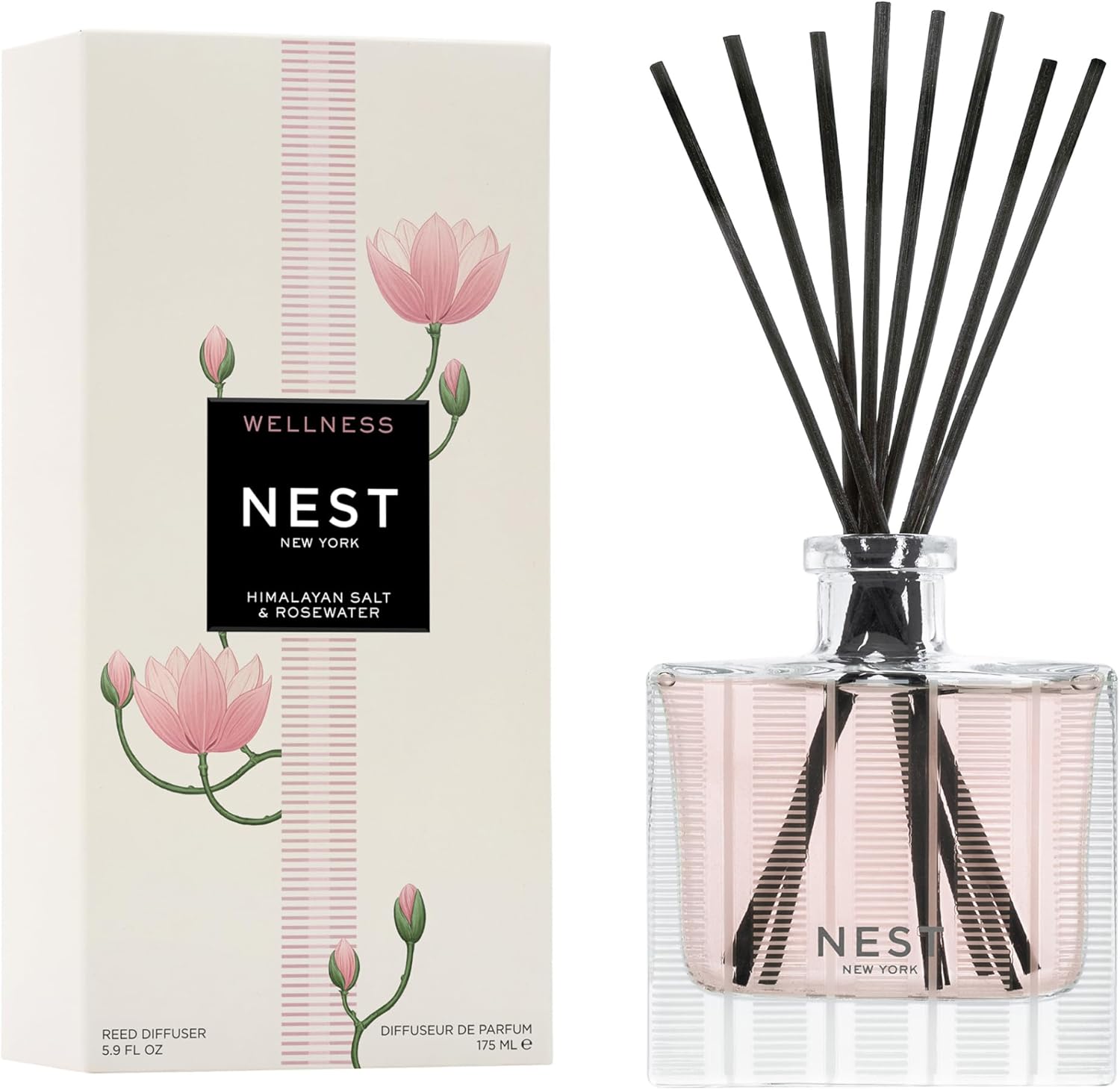 NEST New York Reed Diffuser, Himalayan Salt & Rosewater - The Wellness Collection - 5.9 fl oz - Fragrance for Up to 90 Days - Reusable, Refillable Glass Holder - Includes 8 All-Natural Reed Sticks