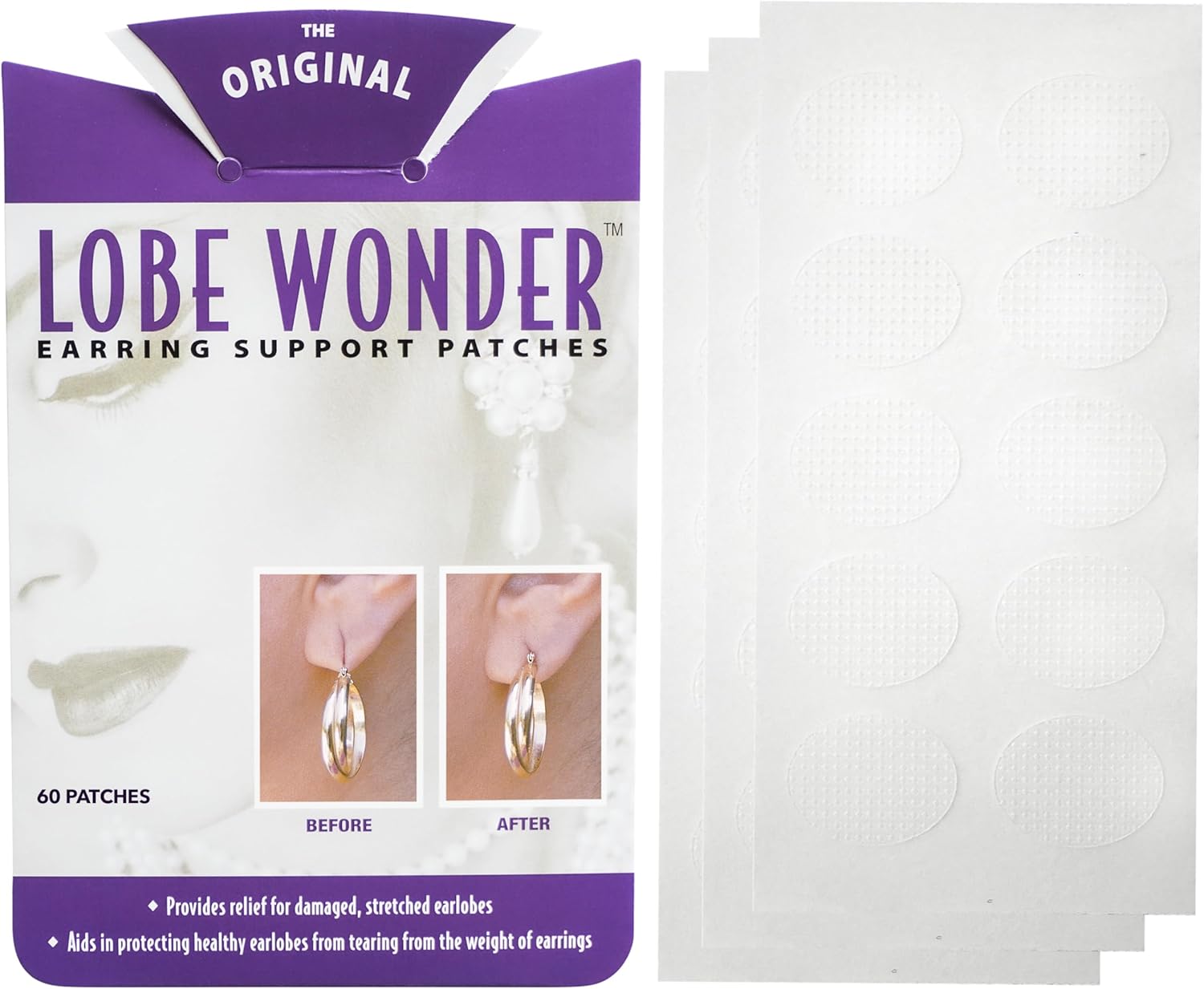 Lobe Wonder - The ORIGINAL Ear Lobe Support Patch for Pierced Ears - Eliminates the Look of Torn or Stretched Piercings - Protects Healthy Ear Lobes from Tearing - 60 Patches - Clear & Latex-Free