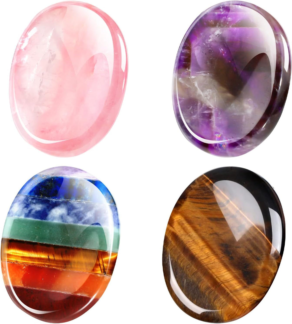 Roowest 4 Pcs Thumb Worry Stone for Anxiety Natural Crystal Healing Stone Chakras Amethyst Tiger Eye Quartz Pocket Hug Gift for Office Stress Meditation(Chromashift,Oval)