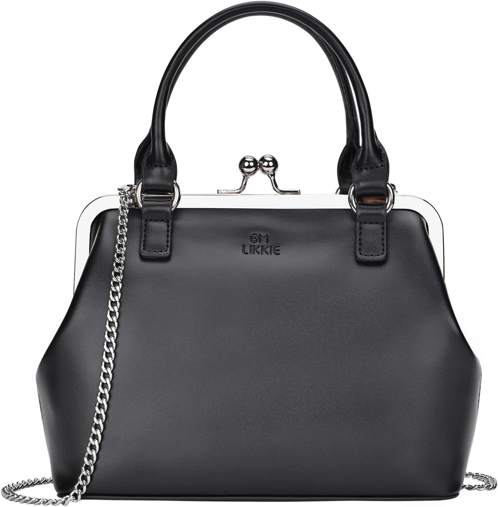 GM LIKKIE Kiss Lock Purses and Handbags, Vintage PU Leather Clutch Purses for Women, Top Handle Evening Handbag