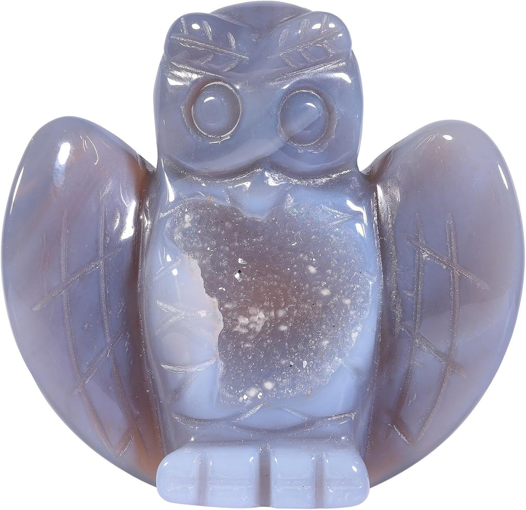Sportmusies 2 Inches Geode Agate Stone Owl Figurine Decoration for Home Office, Hand-Carved Healing Pocket Crystal Agate Statue for Reiki Meditation
