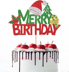 Merry Birthday Cake Topper,New Year Christmas Holiday Party Supplies,Red & Green Glitter Cake Decorations，Winter Holiday Cake Picks-Christmas Birthday Party Supplies