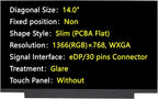 New LCD Screen - Replacement for NT140WHM-N43 V8.0, NT140WHM-N34, NT140WHM-N51 V8.0, 14" 30-pin HD 1366×768 Glare Non-Touch LED Display