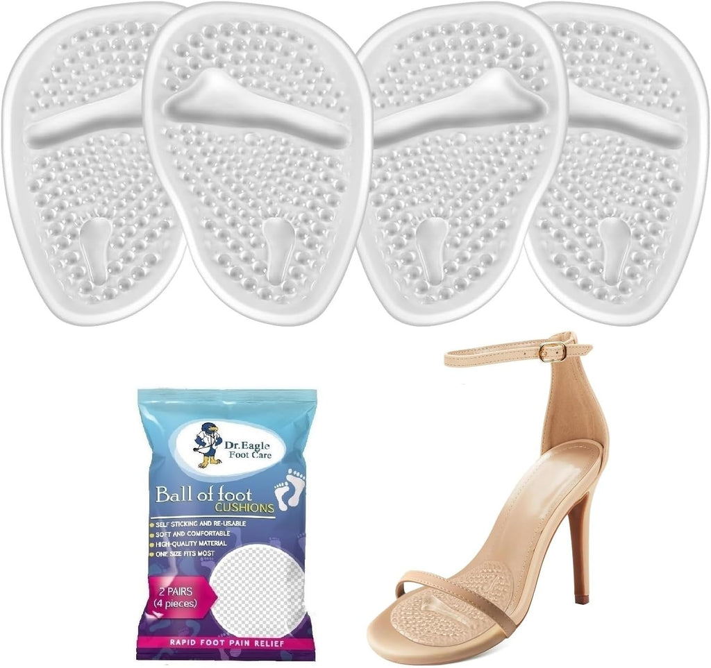 Ball of Foot Cushions – Metatarsal Pads for Women & Men | Heel Inserts & Cushions for Pain Relief – 2 Pairs Soft Gel Shoe Inserts for All-Day Comfort One Size Fits Most (Clear + Clear)