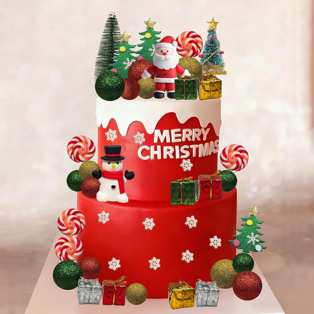 45PCS Christmas Cake Toppers Merry Christmas Cake Decorations with Santa Snowman Tree Snowflake Lollipop for Xmas Birthday Party