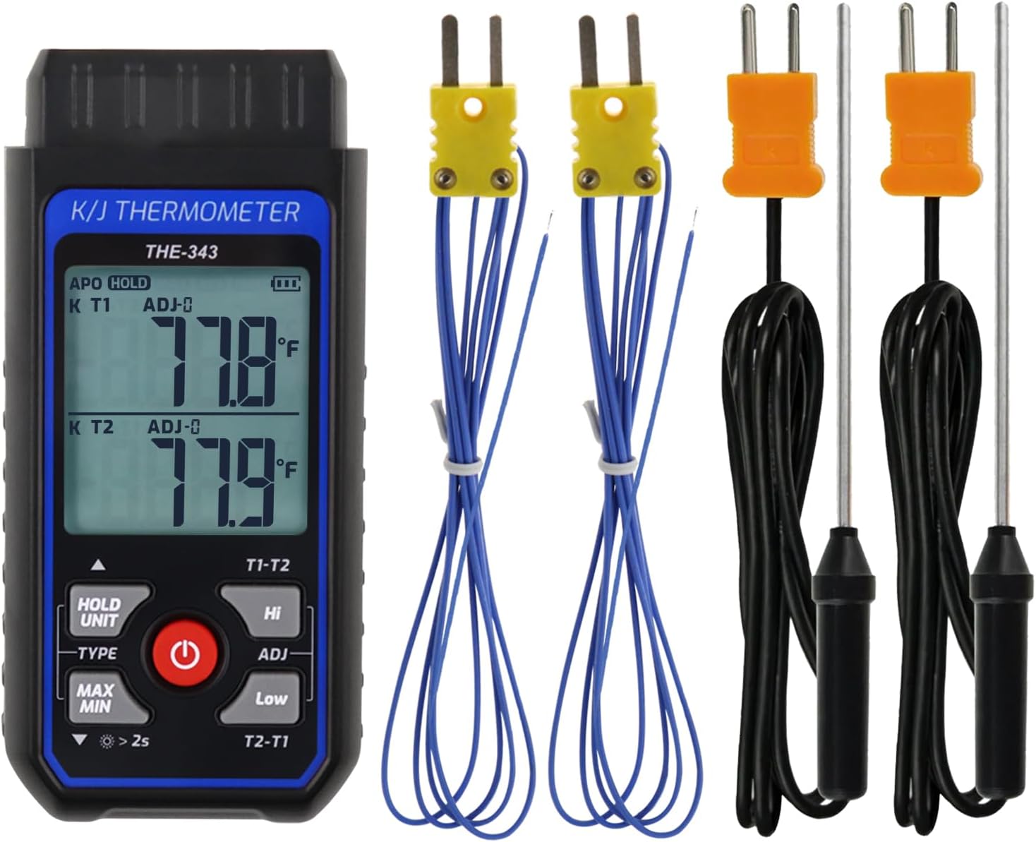 Thermocouple Thermometer Digital K/J Type with 4 K Type Thermocouple, HVAC Thermometer with Alarm & Adj Compensation, Temperature Meter -328°F ~ 2501°F Measuring Range