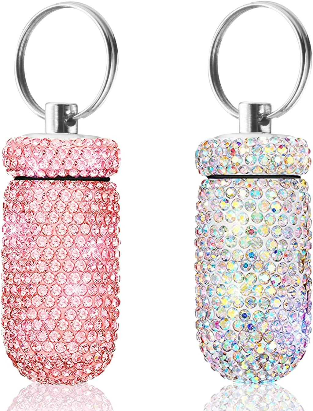 2 Pack Portable Pill Case Bling Rhinestone Pill Container Box Waterproof Medication Holder Organizer Bottle with Keychain for Outdoor Camping Travel Purse Pocket