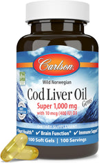 Carlson - Cod Liver Oil, Super 1000 mg + Vitamins A & D3, Wild Norwegian, Sustainably Sourced, 100 Softgels