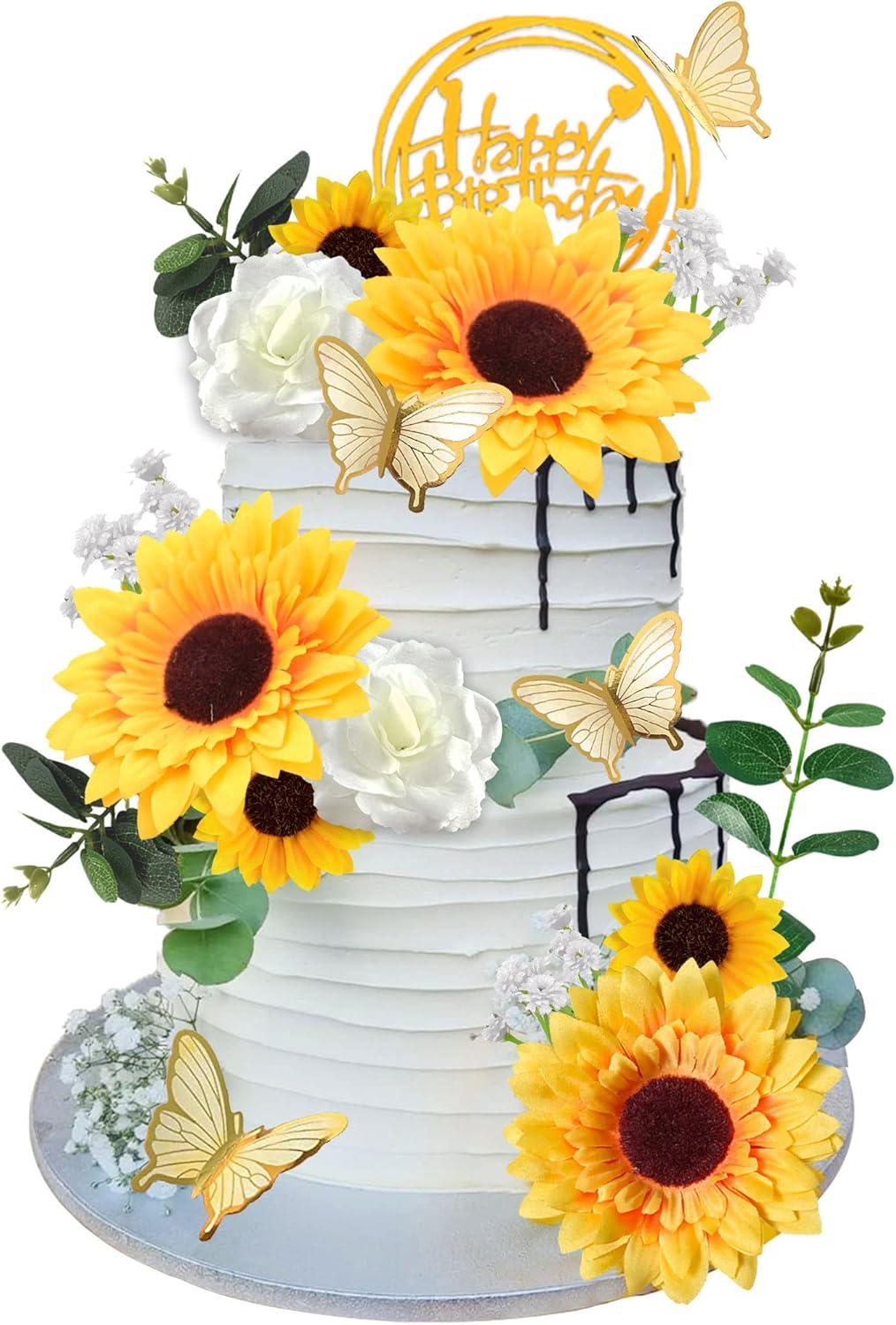 DRWATE Sunflower Cake Topper, 28 Pcs Multicolor Acrylic, Silk - Baby Shower, Wedding Decorations, Butterfly, Eucalyptus, Rose, Happy Birthday Topper