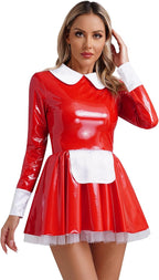 YiZYiF Women's PVC Wet Look Leather French Maid Costume Crop Top Mini Skirt Set Party Fancy Dress
