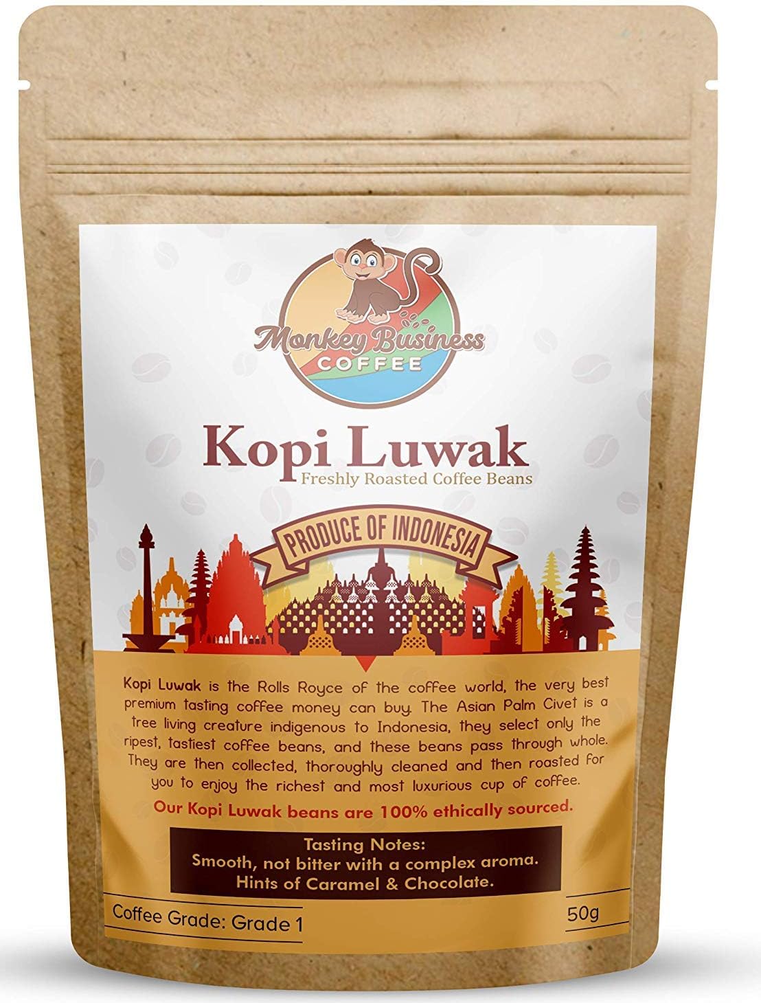 Monkey Business Coffee - Wild Kopi Luwak Coffee Ground Beans - Ethically Sourced - 50 Grams (1.75oz) (Other Weights & Bean Types Available) - Produce of Indonesia…