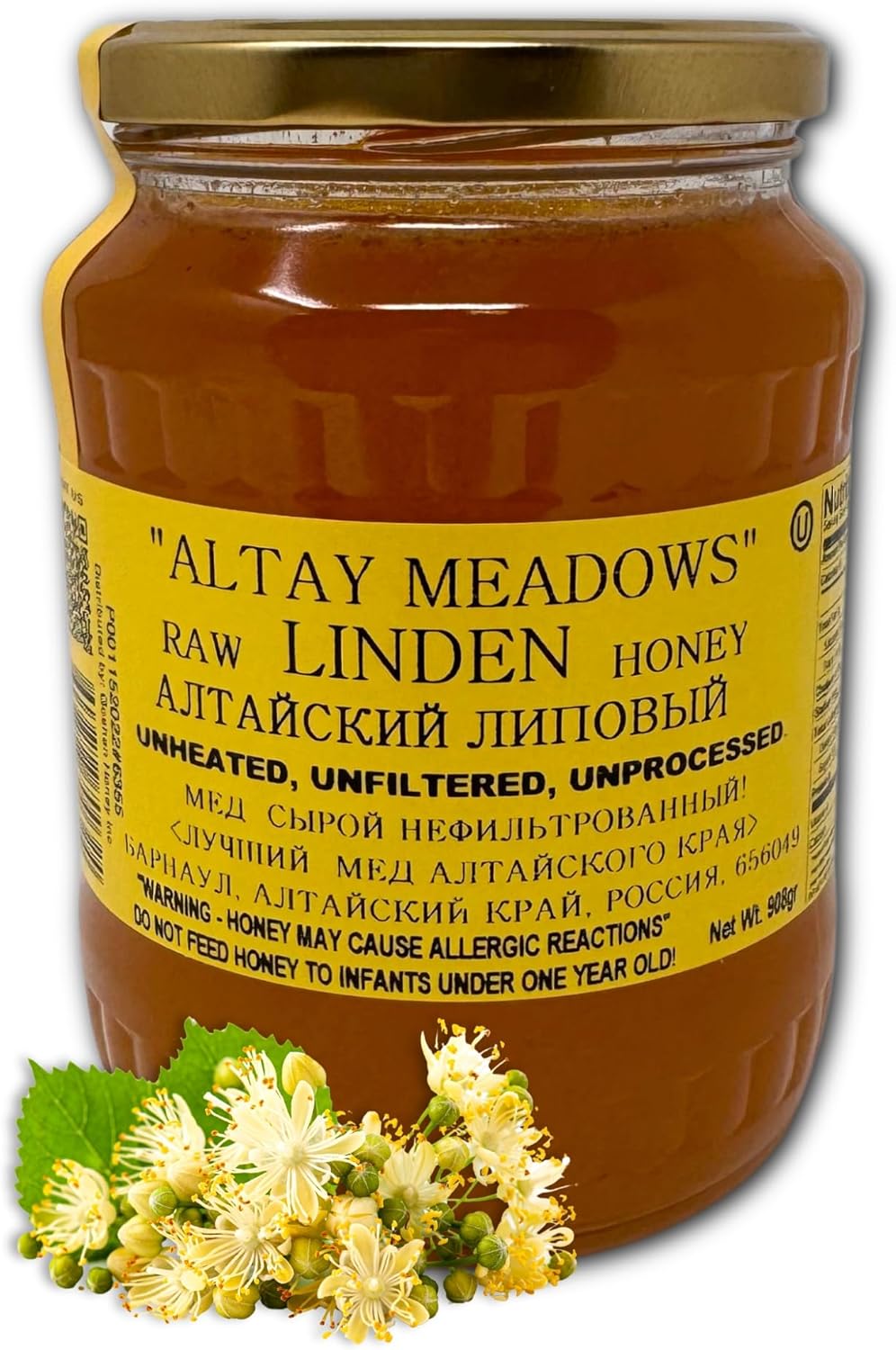 Altay Raw Linden Honey - 100% Pure, Unfiltered, Unpasteurized, Ethically Sourced - Glass Jar, 454g / 16oz