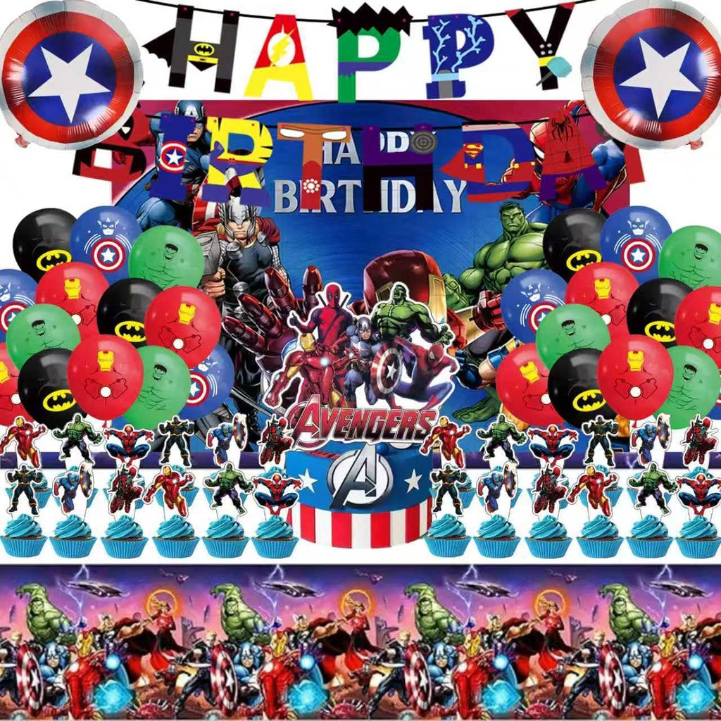 46Pcs superhero Birthday Party Supplies, Avengers Party Decorations Set Include Banner, Backdrop, Balloons, Hanging Swirls, Cake Cupcake Toppers, Tablecloth for Boys Girls Avengers Theme Party
