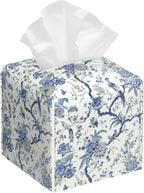 Blue Flower and Bird Tissue Box Cover Leather Tissue Box Holder Square Facial Paper Organizer Dispenser for Bathroom Kitchen Bedroom Vanity Countertop Night Stands