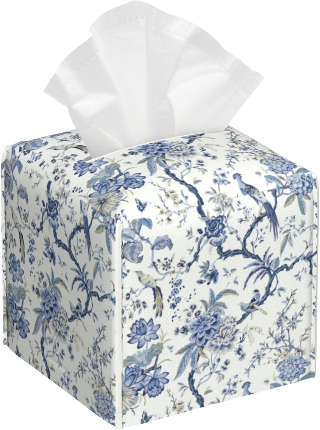 Blue Flower and Bird Tissue Box Cover Leather Tissue Box Holder Square Facial Paper Organizer Dispenser for Bathroom Kitchen Bedroom Vanity Countertop Night Stands
