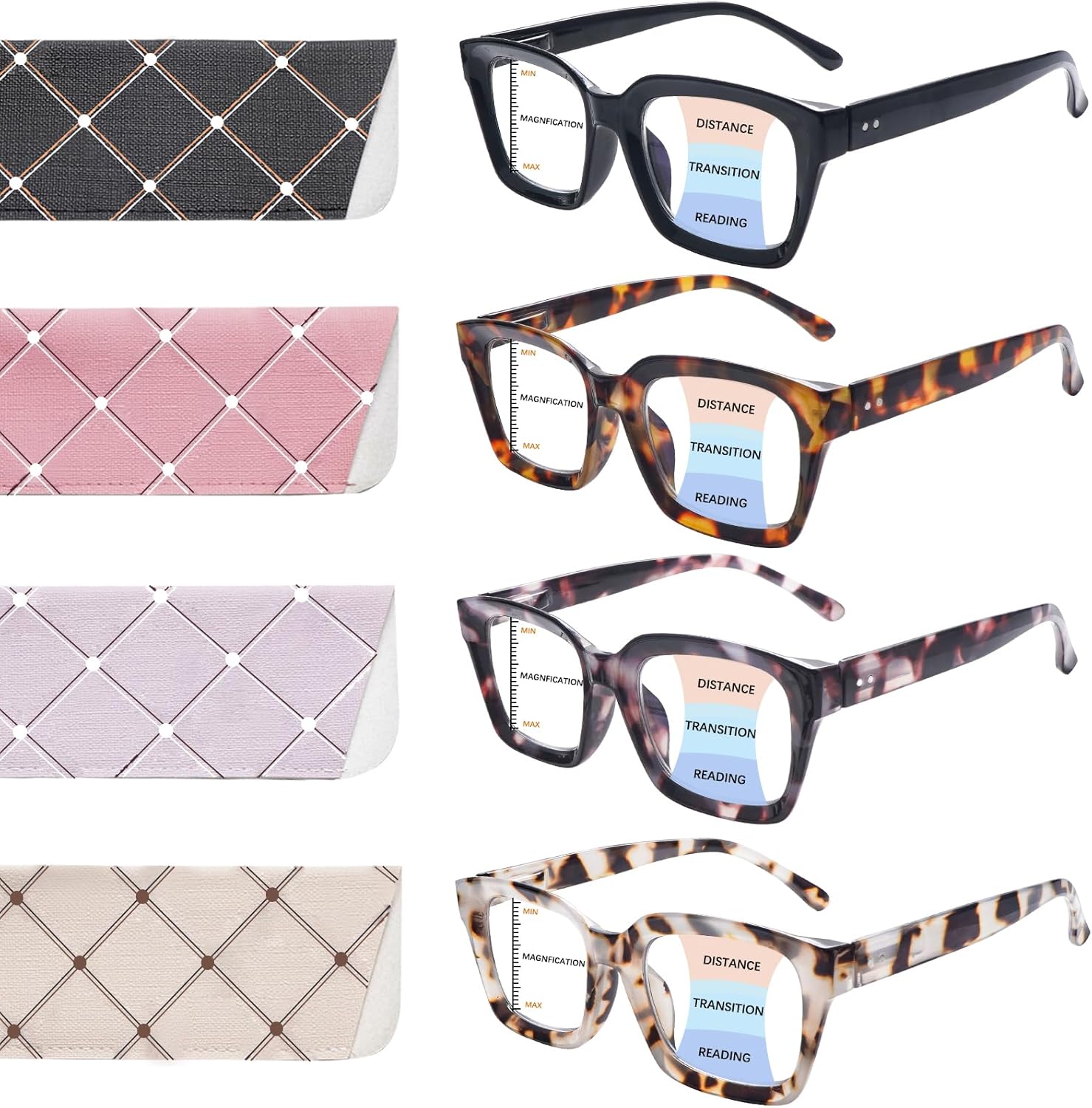 4 Pack Progressive Multifocus Reading Glasses for Women Oprah Style Blue Light Blocking Computer Readers