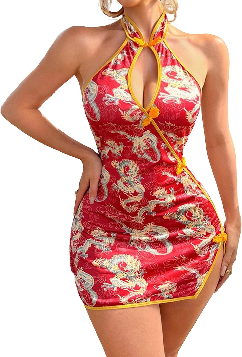 Alrovetoney Sexy Lingerie Fantasy Costume Sexy Series Printed Cut-Out Slit Women's Costume Red S-XXL