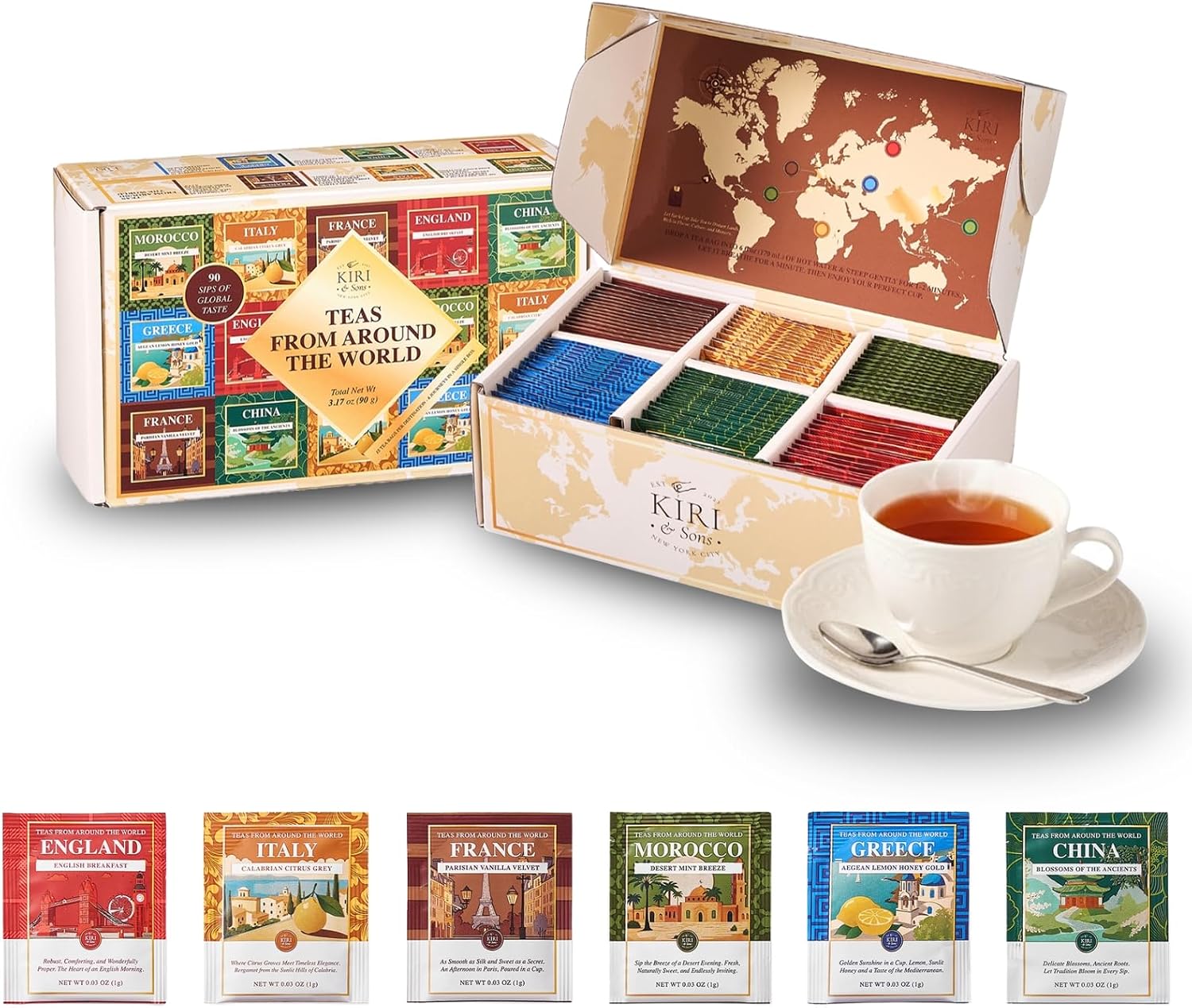 Exotic Teas of the World Gift Set – 90 Count International Tea Bags Variety Pack | Global Sampler Box Featuring England, France, Italy, Morocco, Greece & China | Gourmet Assorted Gift Travel Lovers