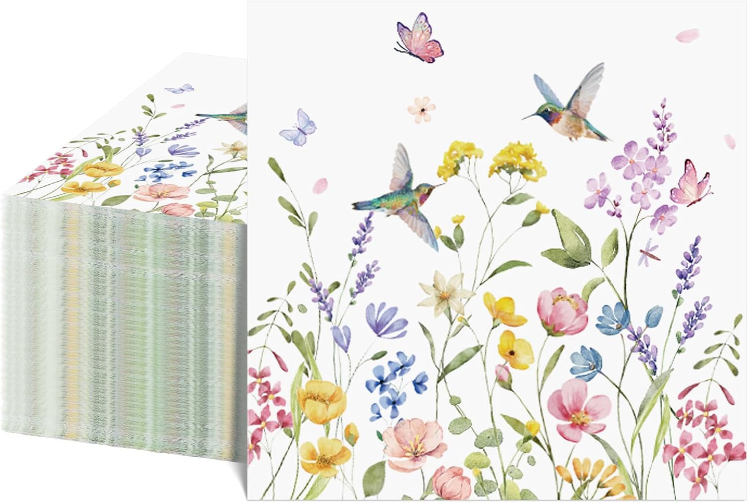 NatNarr 100 Pcs Wildflower Napkins, 2-Ply Floral Cocktail Napkins Spring Decoupage Napkin Butterfly Hummingbird Flower Dessert Beverage Napkin for Easter Baby Shower, Tea Party