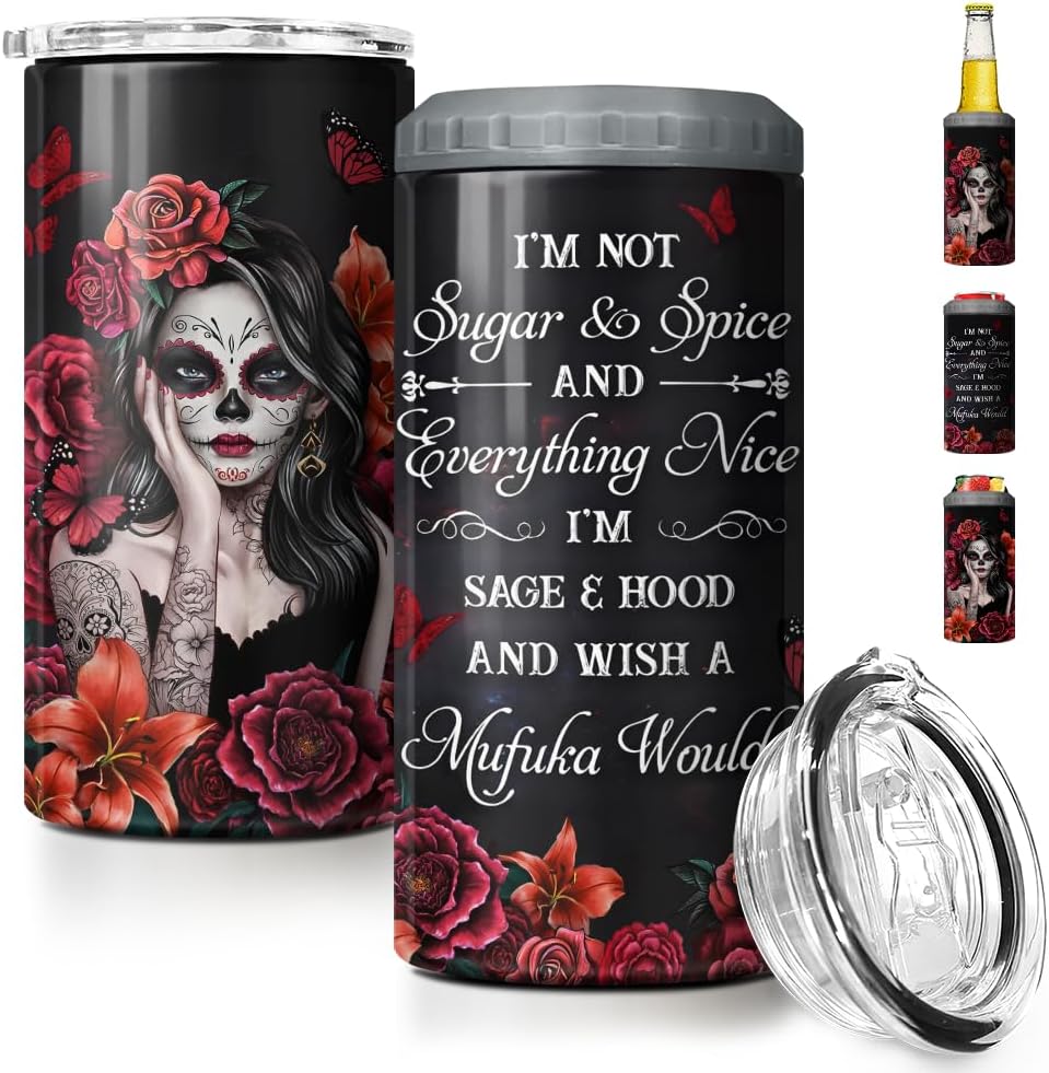 SANDJEST Sugar Skull Tumbler Sugar And Spice 4 in 1 12oz Tumbler Can Cooler Coozie Skinny Stainless Steel Tumbler Gift for Women Girl Friends Christmas Birthday Halloween