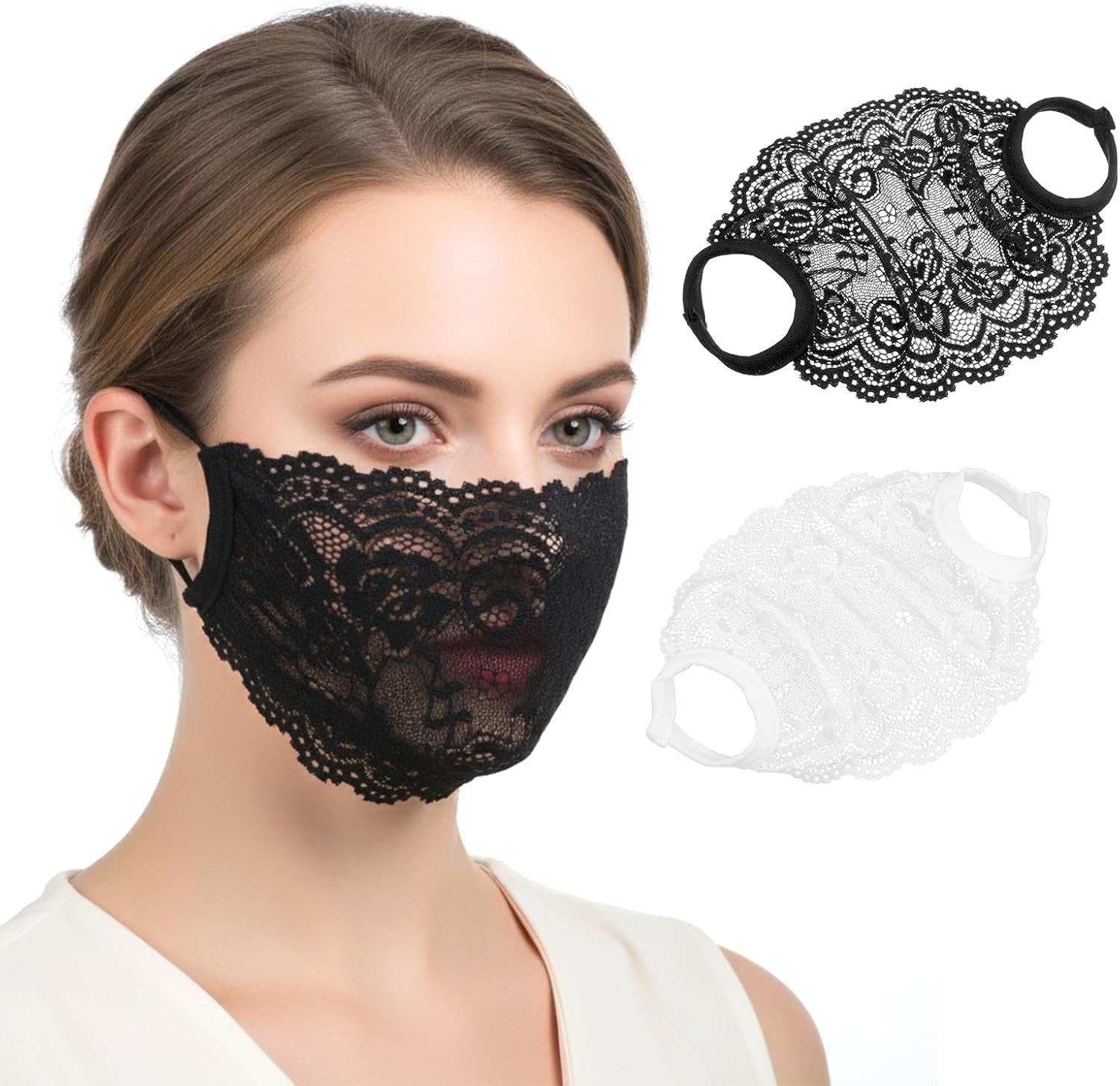 Grevosea 2 Pack Lace Face Masks, Breathable Mesh Half Face Cover Mesh Hollow Faces Shield Mask Protection for Women Pink Grey