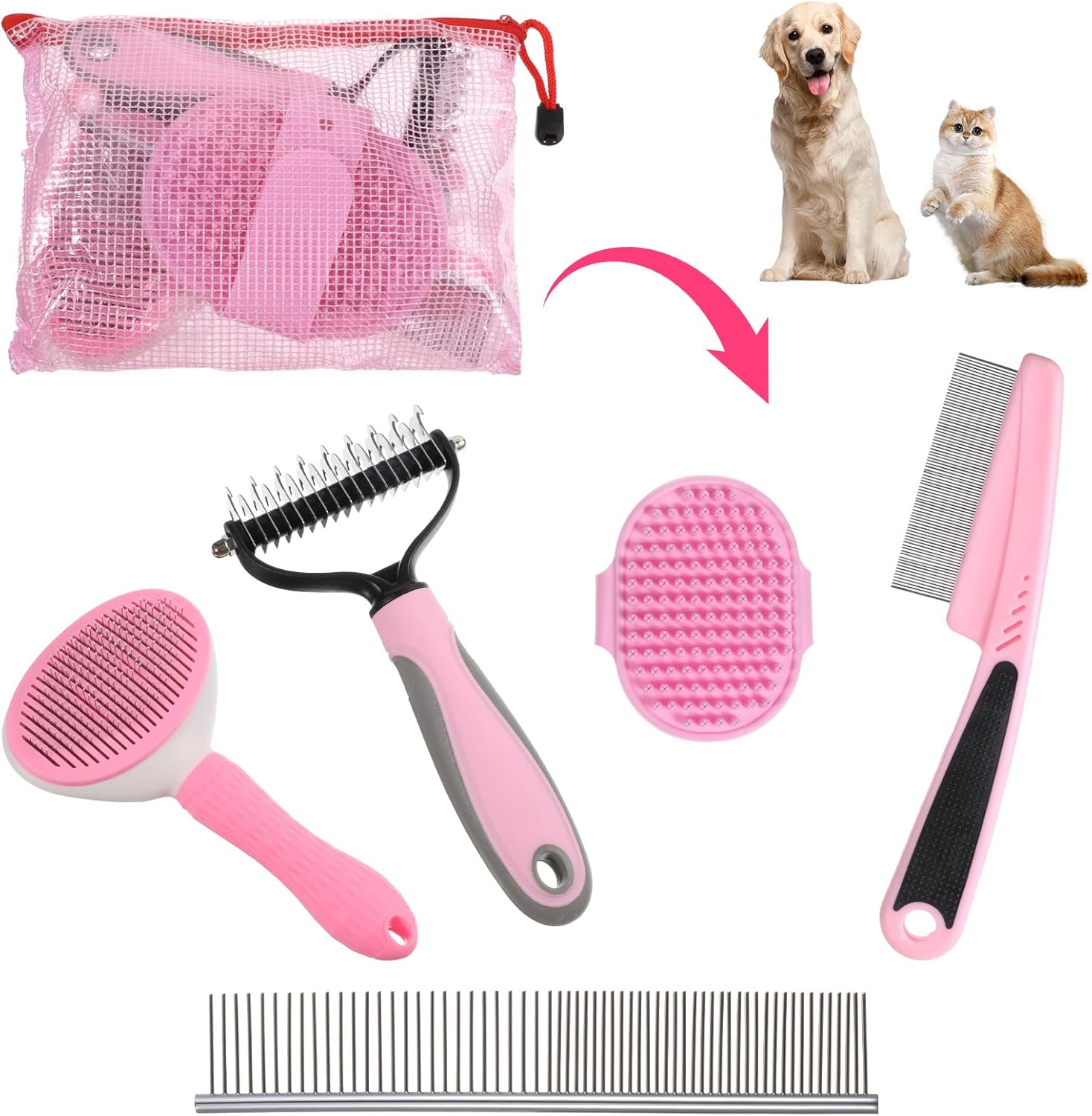 6PCS Dog Grooming Kit, Pet Grooming Kit, Deshedding Brush for Short Hair, Slicker Brush, Flea Comb, Puppy Brush Set in Pink for Dogs, Cats