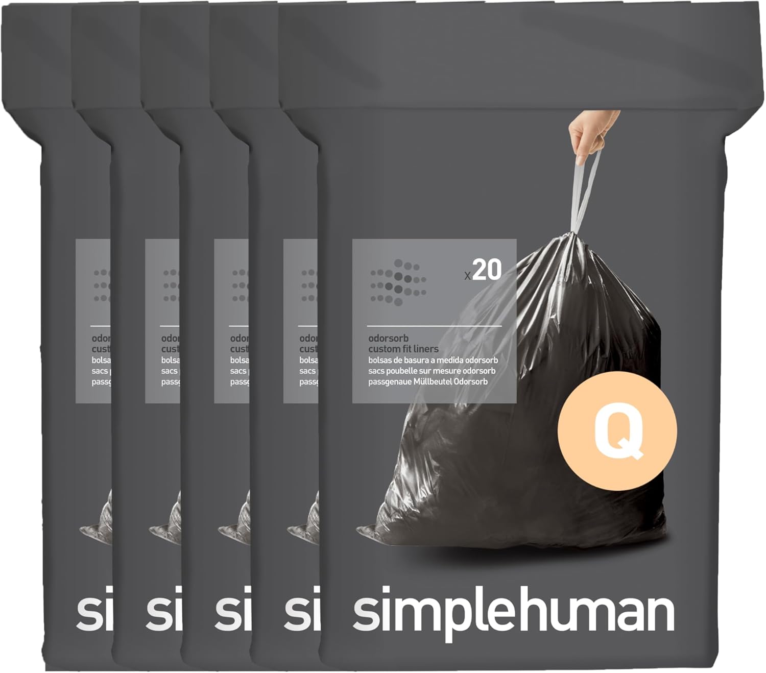 simplehuman Code Q 100 Count Odorsorb Custom Fit Liners, Drawstring Odor Absorbing Trash Bags, One-by-One Mess-Free Dispense, Extra Thick & Double Seamed, 50% PCR Plastic, 50-65 Liter / 13-17 Gallon
