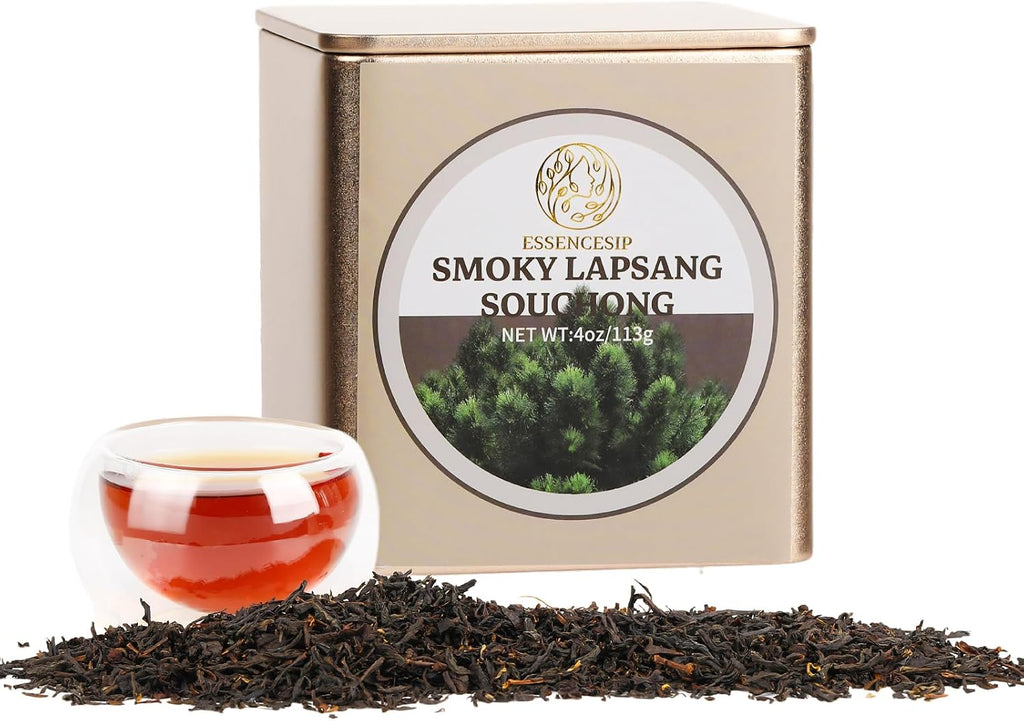 ESSENCESIP Smokey Lapsang Souchong Black Tea Loose Leaf - 4oz Tea Sampler Pinewood Smoked in resuable Tin, Rich Smoky Flavor