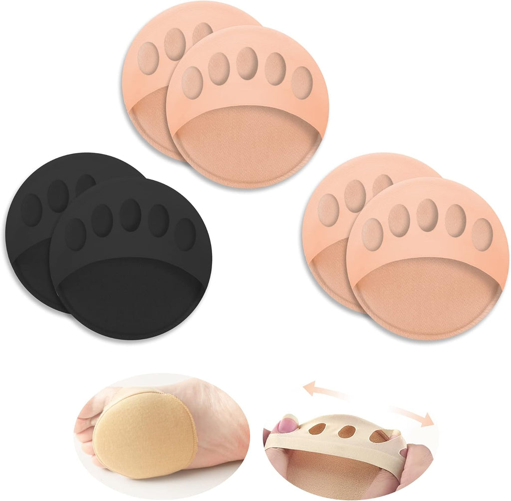 Metatarsa Foot Pads Reusable Soft Ball of Foot Cushions Forefoot Pads for Women Prevention Pain Relief Honeycomb Fabric Foot Pads (2 Pairs Beige /1 Pair Black)