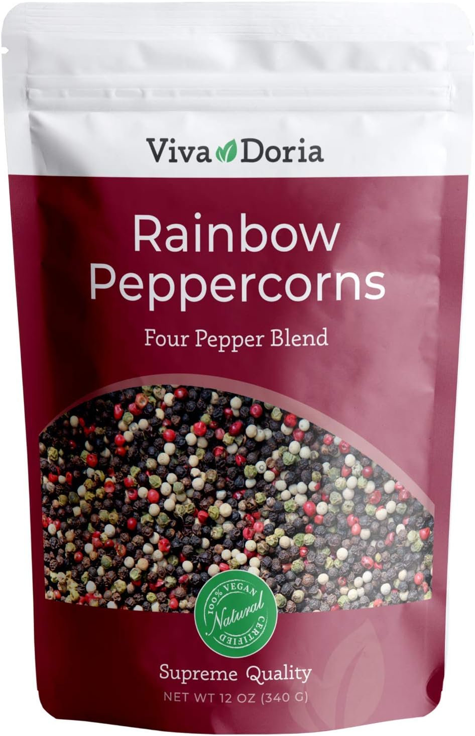 Viva Doria Rainbow Peppercorns Blend, Steam Sterilized Whole Black Pepper, Whole Green Pepper, Whole Pink Pepper, Whole White Pepper, 12 Oz, For Grinder Refills