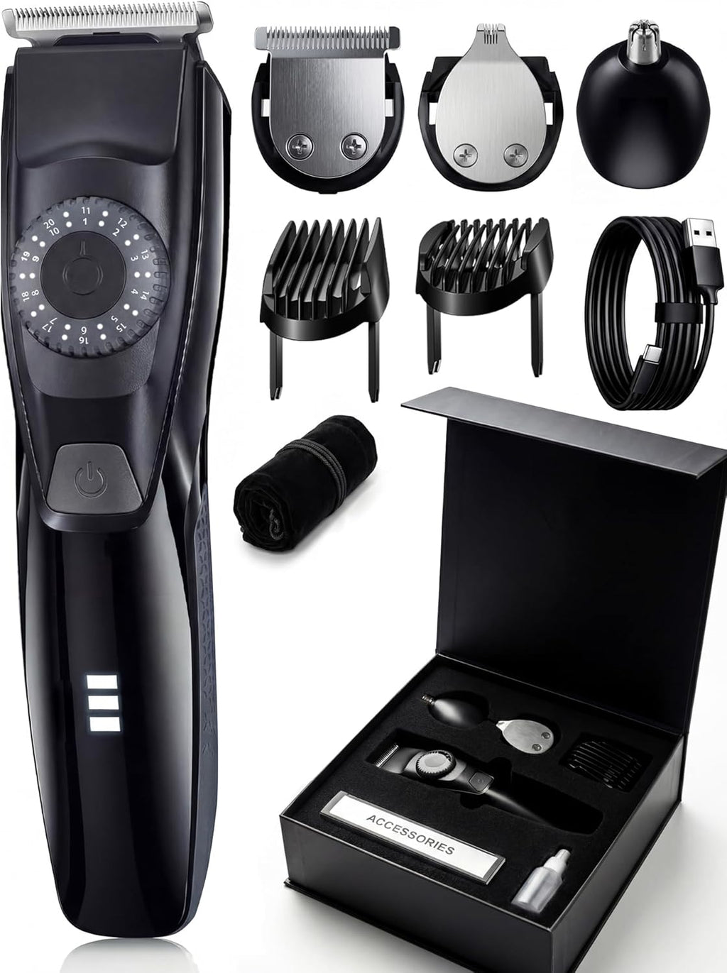 40 Precisions Electric Beard Trimmer for Men, Mens Grooming Trimmer for Beard, Mustache, Face and Ear Hair, Multi-Series Clipper, Waterproof, USB C Charging, Soft Pouch, Wide Blade, Gift Box