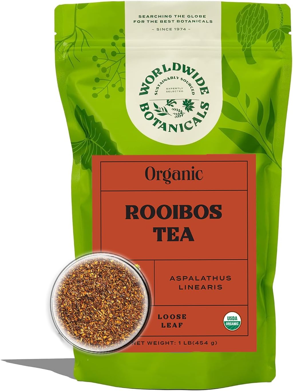 Worldwide Botanicals Organic Red Rooibos Tea – 1lb - 100% South African Aspalathus linearis – Loose Leaf, Cut and Sifted - Resealable Bag for Freshness, 1 Pound Bag