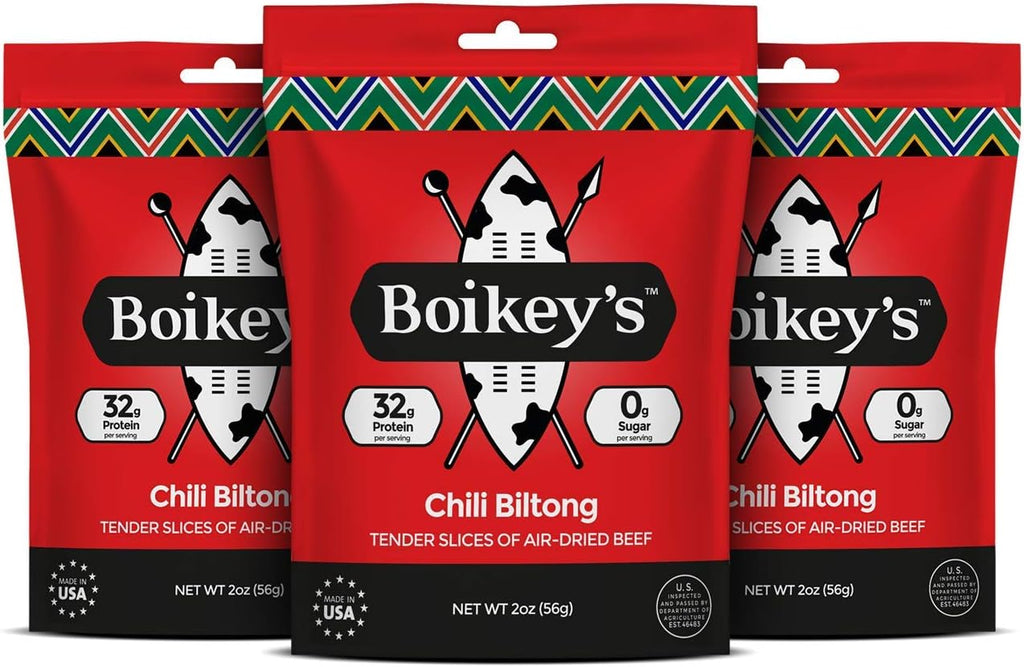 Boikeys Biltong South African Style Beef Jerky - Chili Flavor - Gluten Free - Zero Sugar Keto Friendly - 32g Protein - Premium Round Roast Beef Cuts - Naturally Cured - 2 oz (3 Pack)