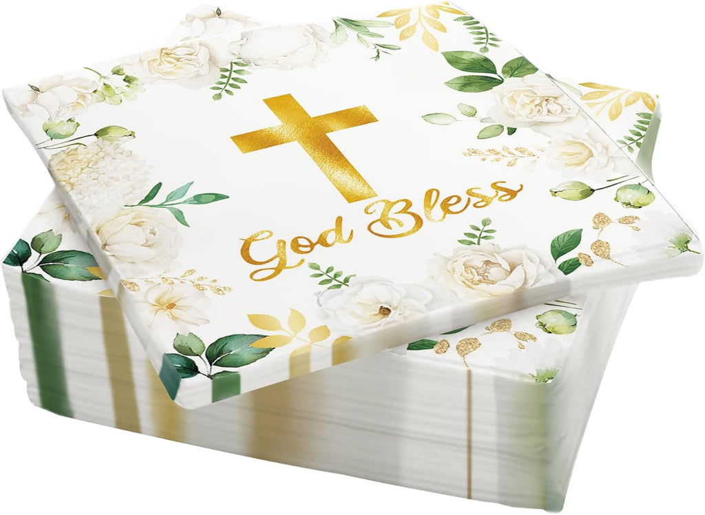 20Pcs God Bless Napkins Baptism Napkins, 2Ply Disposable Cross Religious Paper Napkin for Girl Boy Newborn Baby Shower Patry, First Holy Communion,Christening Decorations (White)