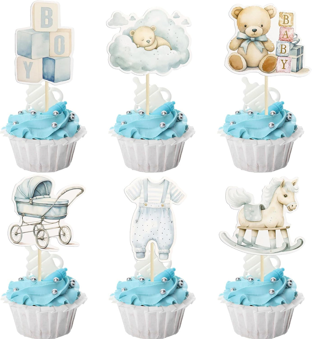 Ephlyn 36Pcs Baby Boy Cupcake Toppers Baby Shower Decorations for Boy Bear It's a Boy Cupcake Picks Decorations for Baby Boys Birthday Party Cake Decorations Blue