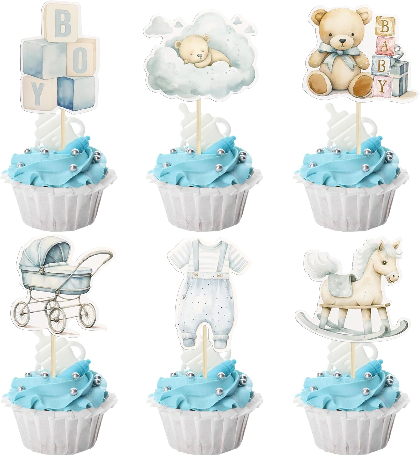 Ephlyn 36Pcs Baby Boy Cupcake Toppers Baby Shower Decorations for Boy Bear It's a Boy Cupcake Picks Decorations for Baby Boys Birthday Party Cake Decorations Blue