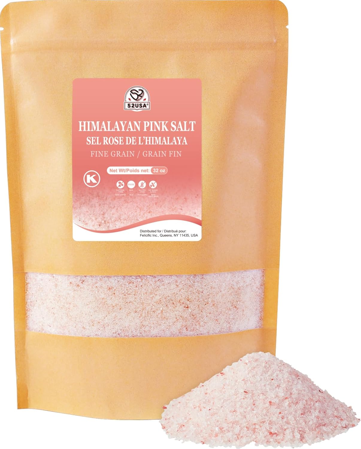 52USA Himalayan Pink Salt Fine, Fine Salt 2 lb, Pink Himalayan Sea Salt, Sea Salt, No Artificial Colors, No Additives, No Gluten, Rock Salt for Grinder Refill, Kosher Salt