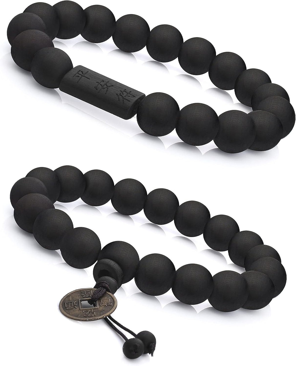 FIBO STEEL 2Pcs 11mm Wood Beaded Bracelet for Men Buddhist Beads Elastic