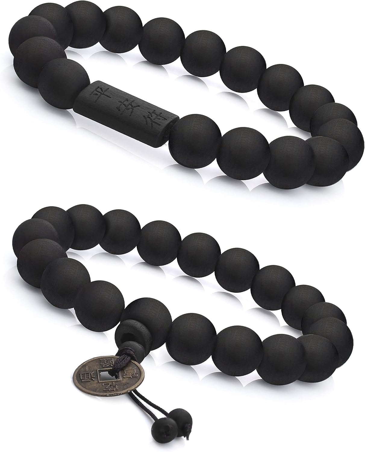 FIBO STEEL 2Pcs 11mm Wood Beaded Bracelet for Men Buddhist Beads Elastic