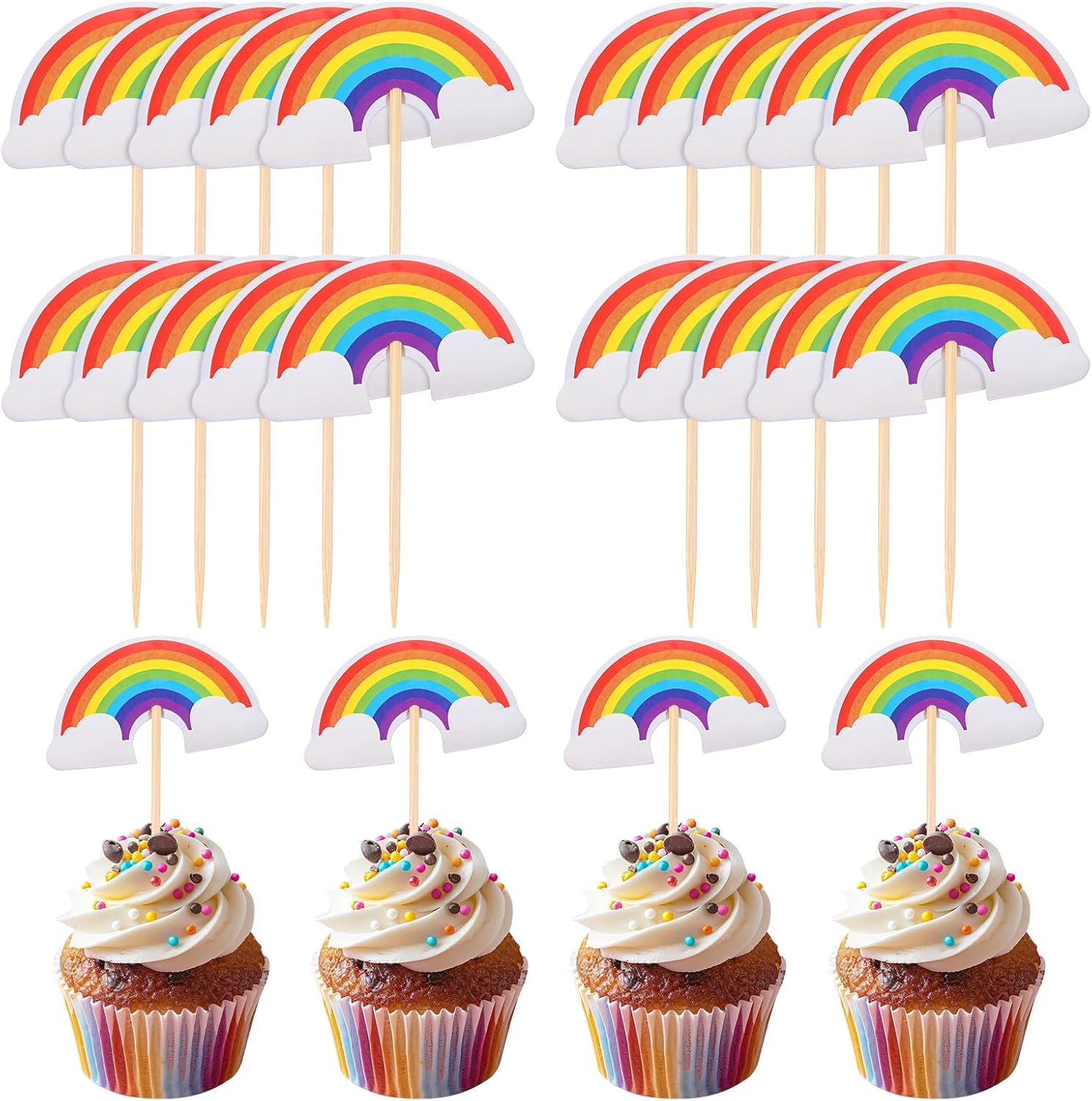 24 Pcs Rainbow Cupcake Toppers, Party Cake Toppers Diy, Rainbow Birthday Cake Toppers, Insert Toppers Cupcake Supplies for Girl Boys Baby Shower Birthday Party Baking