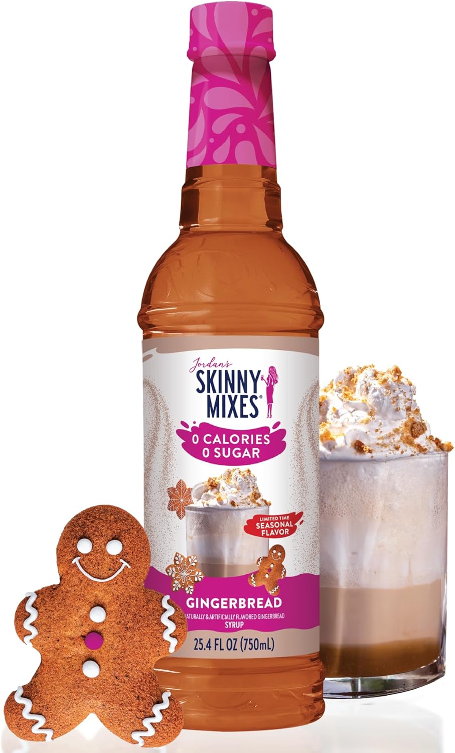 Jordan's Skinny Mixes Sugar Free Coffee Syrup, Holiday Gingerbread Coffee Flavoring Syrup, Zero Calorie Drink Mix for Lattes, Baking, Protein Shake or Cocktail, Dairy & Gluten Free, Kosher, 25.4 Fl Oz