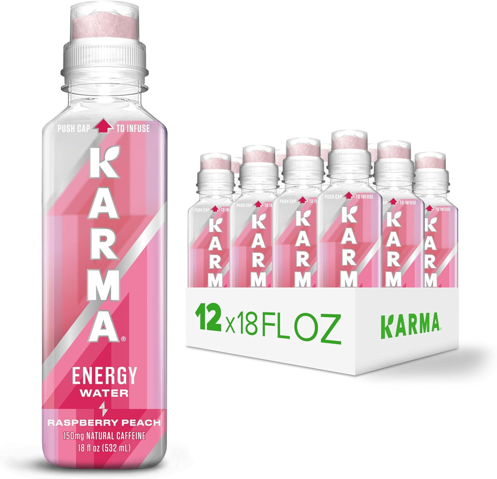 Karma Energy Drink 12 Pack, Raspberry Peach Caffeinated Water with CognizinÂ Nootropics, Vitamins & Immune Support, Low Calorie