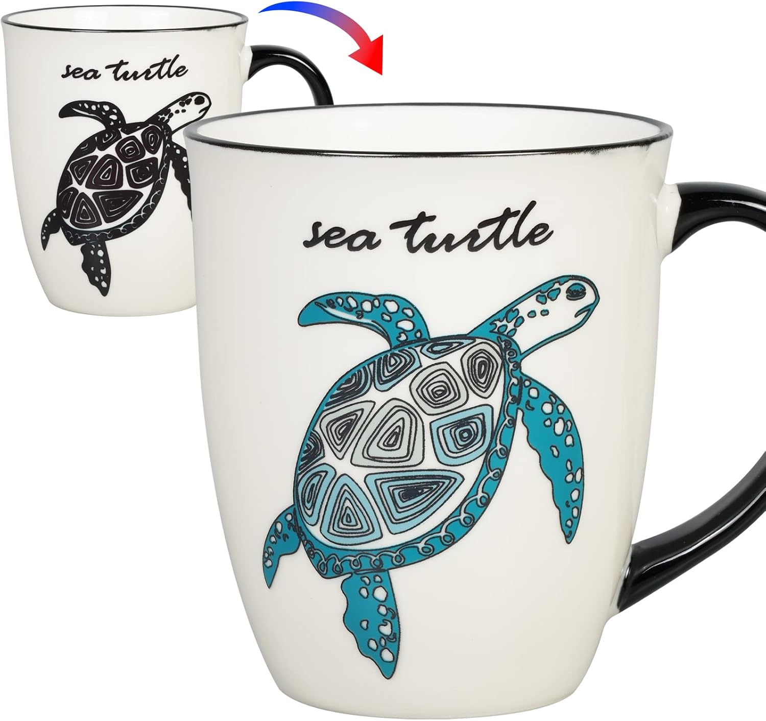 Sea Turtle Heat Changing Coffee Mug - Color Changing Mug - Ceramic Coffee Mug for Men Women Black and White
