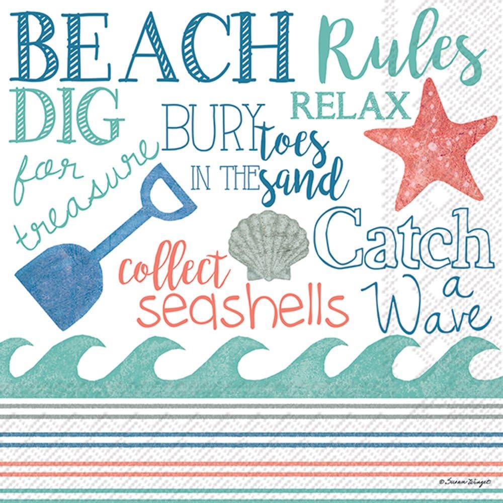 Celebrate the Home Beach-Themed 3-Ply Paper Cocktail Napkins, Beach Rules, 20-Count