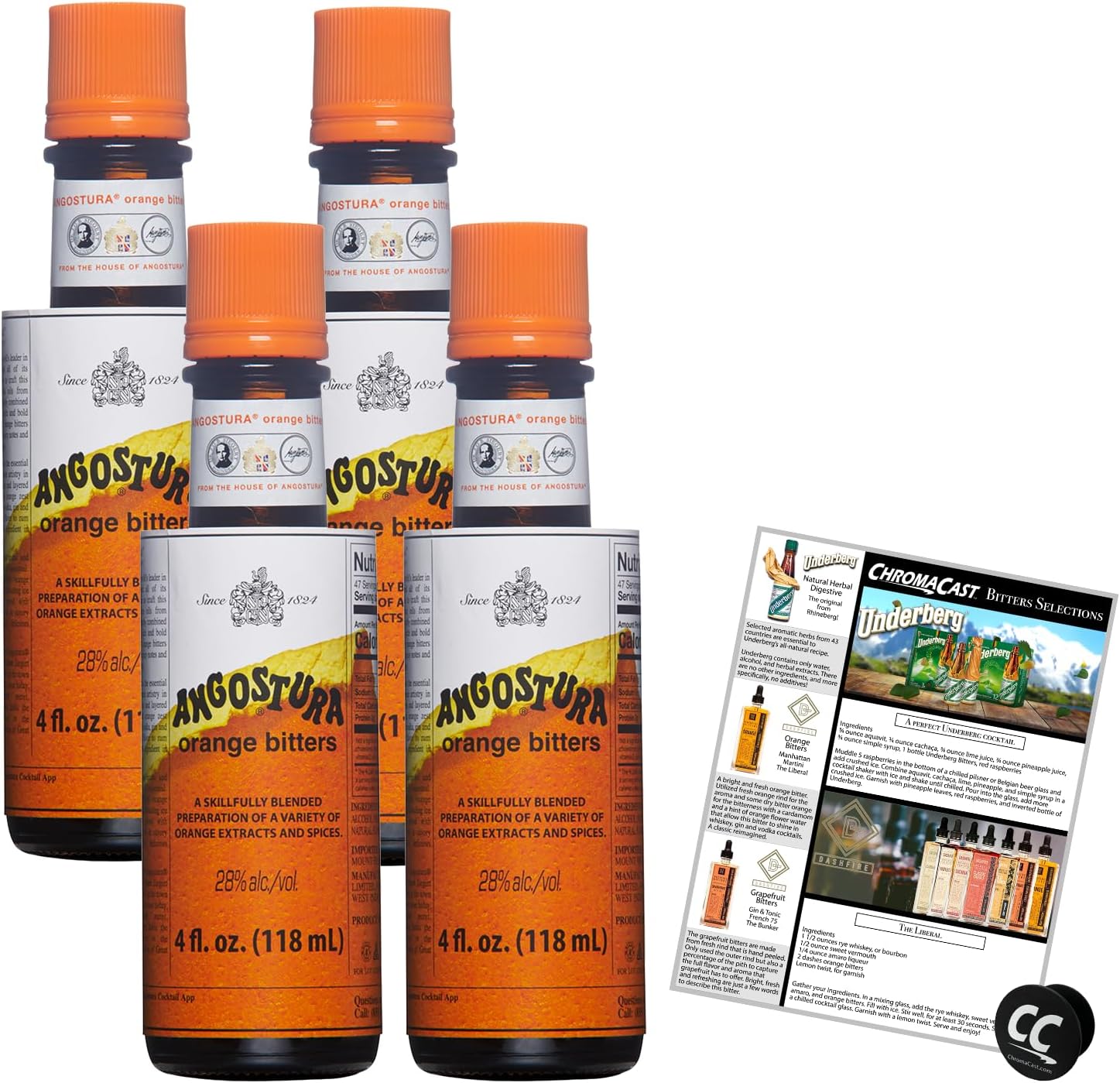 Angostura Orange Bitters 4oz Bottle with Phone Grip and Bitters Selections Recipe, 4-PACK
