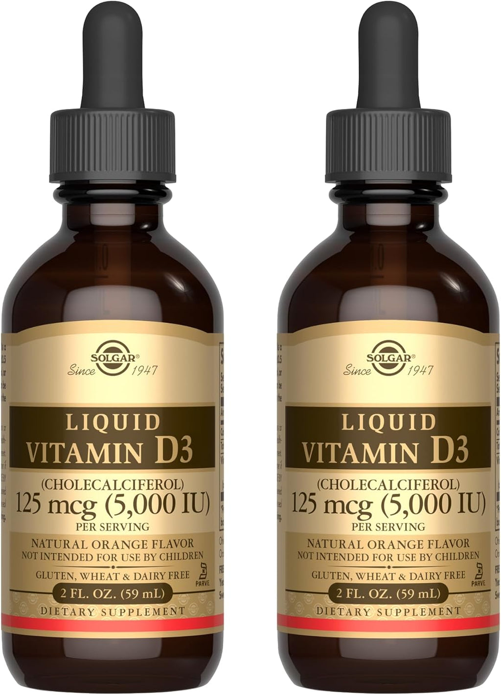 Solgar Liquid Vitamin D3 125 mcg (5,000 IU) - 2 fl oz, Pack of 2 - Natural Orange Flavor - Helps Maintain Healthy Bones & Teeth - Immune System Support - Gluten & Dairy Free - 118 Total Servings