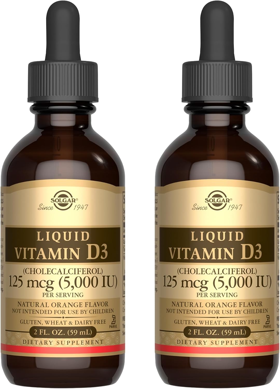 Solgar Liquid Vitamin D3 125 mcg (5,000 IU) - 2 fl oz, Pack of 2 - Natural Orange Flavor - Helps Maintain Healthy Bones & Teeth - Immune System Support - Gluten & Dairy Free - 118 Total Servings