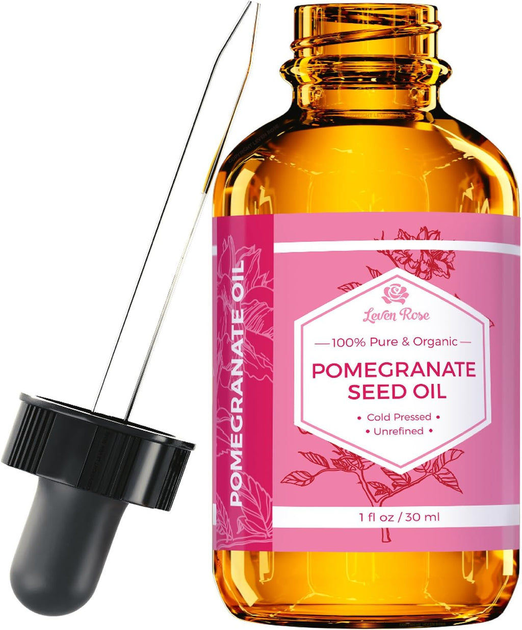 Leven Rose Pomegranate Seed Oil, 100% Pure Unrefined Cold Pressed Antioxidant Moisturizer for Hair Skin and Nails 1 oz