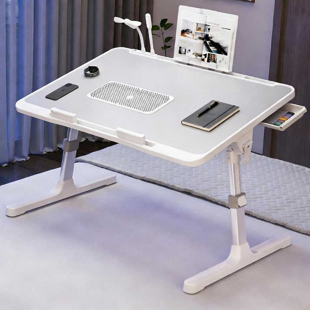 Laptop Desk for Bed Height Adjustable, Lap Bed Table with Cooling Fan/USB/Storage Drawer/Cup Holder/Tablet Stand/Book Shelf, Foldable Breakfast Tray Portable for Reading Writing, Sofa & Floor