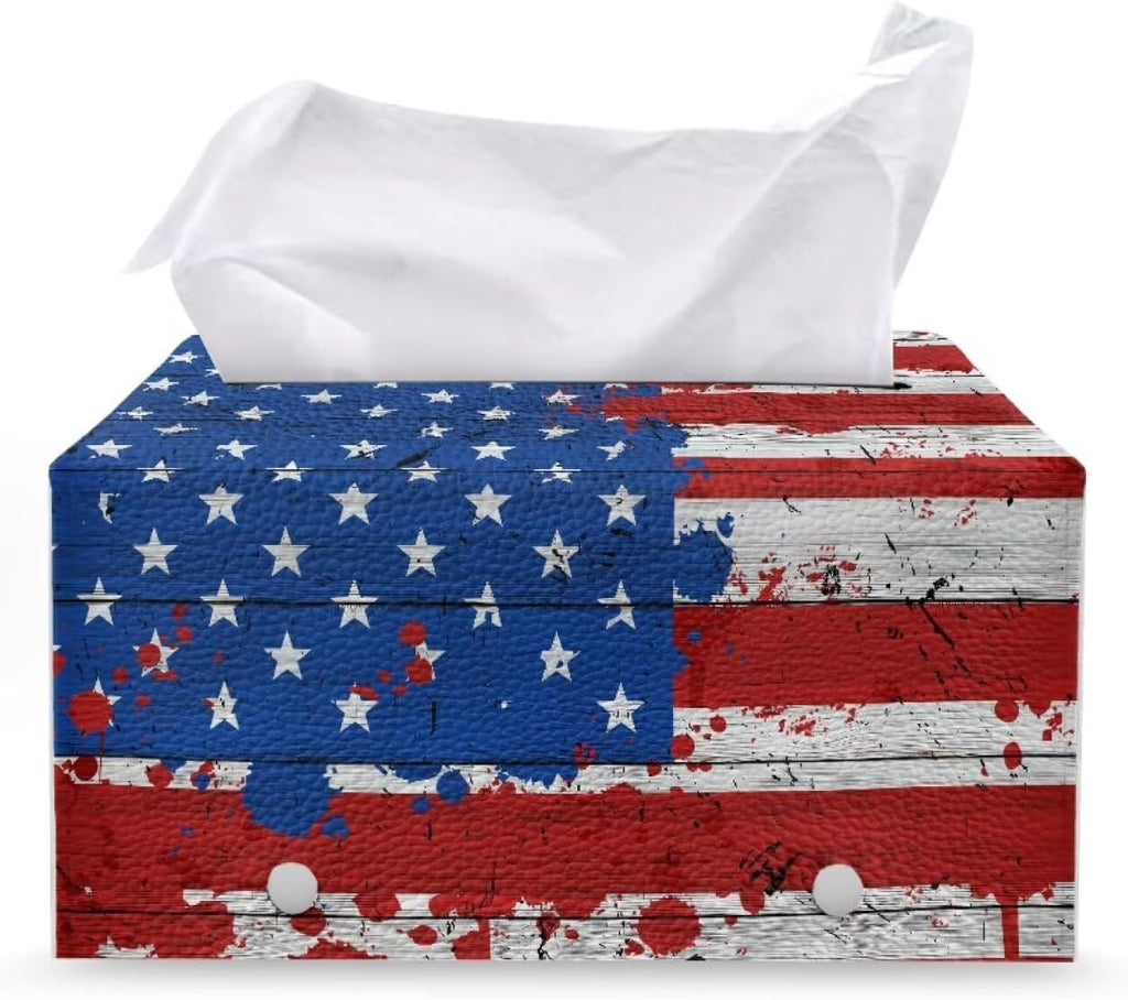 American Flag Print Tissue Box Cover 4th of July Celebration Home Decor Leather Tissue Cover Napkin Holder Organizer Rectangular Design Fit Size 9.7"x5.2"x5.12"